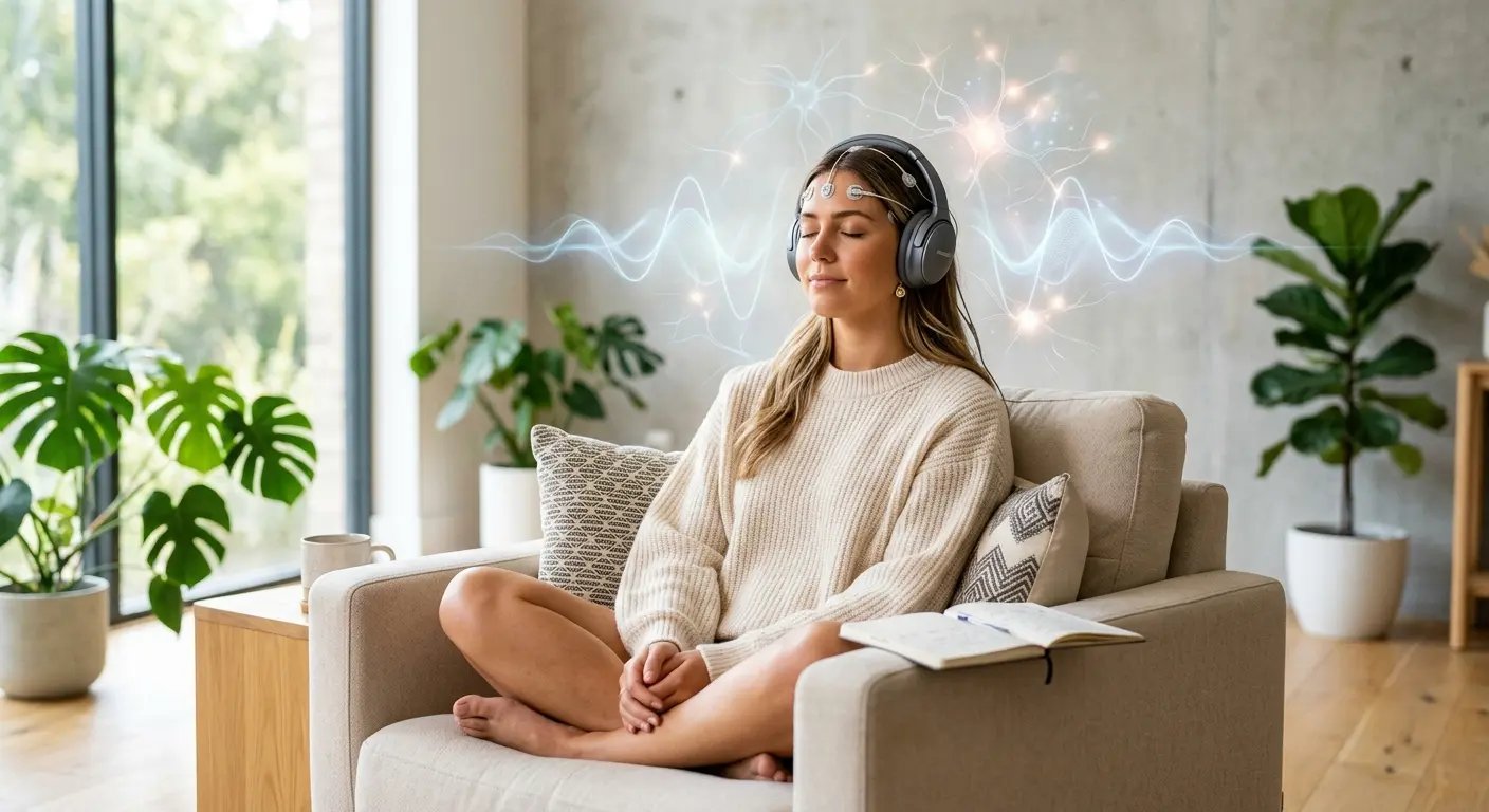 Person experiencing mental clarity with headphones and brain wave audio