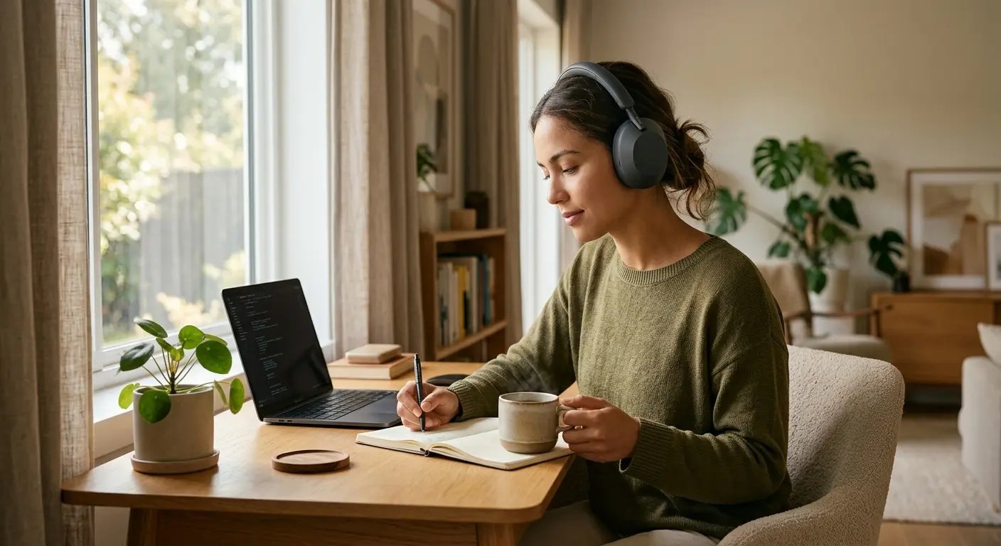 Person enjoying calm focused morning with headphones