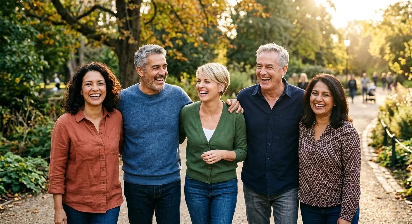 Happy people laughing together outdoors showing healthy confident smiles