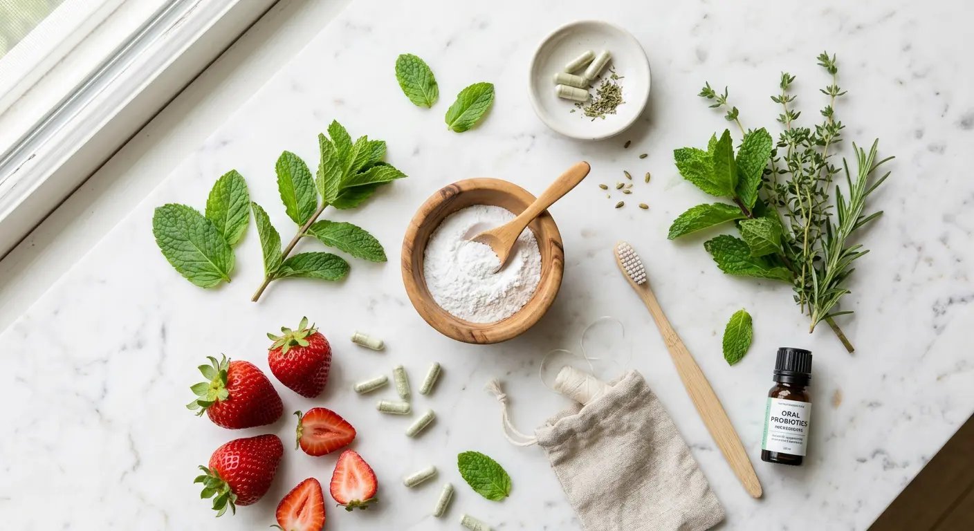 Natural probiotic ingredients and dental health items including peppermint and strawberries