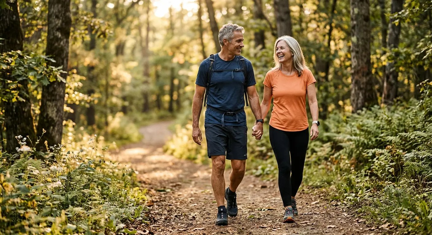 Happy couple walking on nature trail, vibrant and healthy