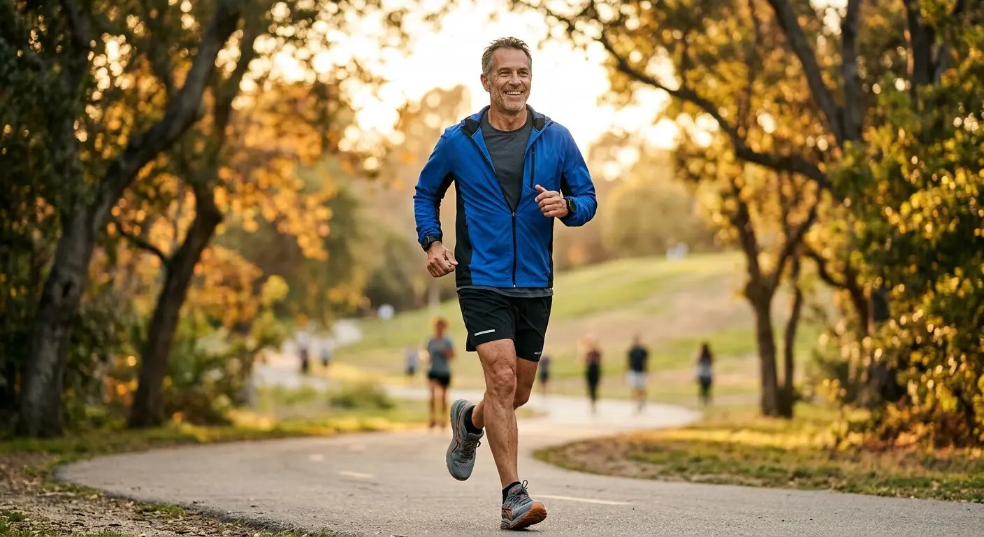 Active healthy man jogging in a park, representing prostate vitality