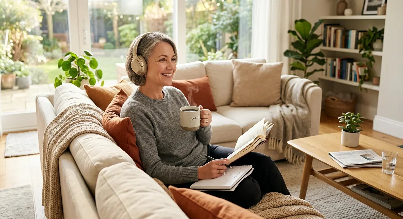Person enjoying a clear, focused morning with The Brain Song headphones