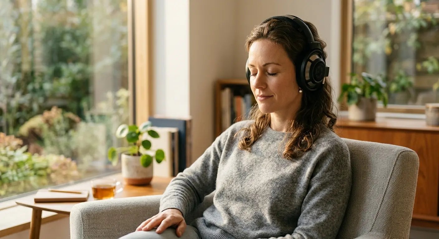 Person listening to brain-stimulating audio with headphones in sunlit room