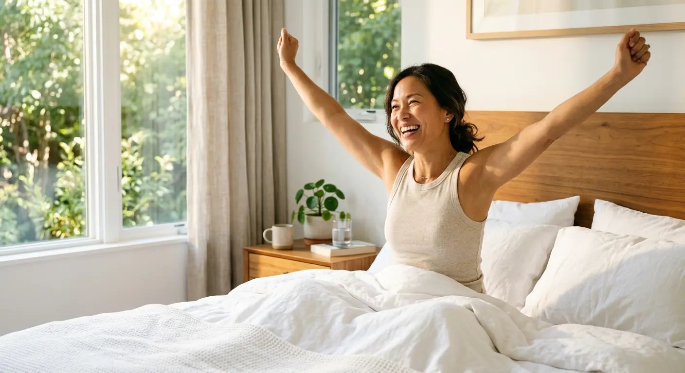 Woman waking up refreshed and energized